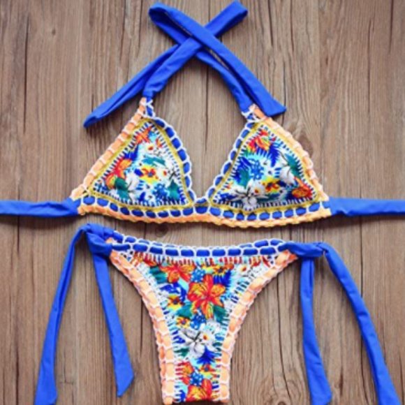 Crochet Triangle Strap Brazilian Thong Bikini XL - Picture 2 of 8